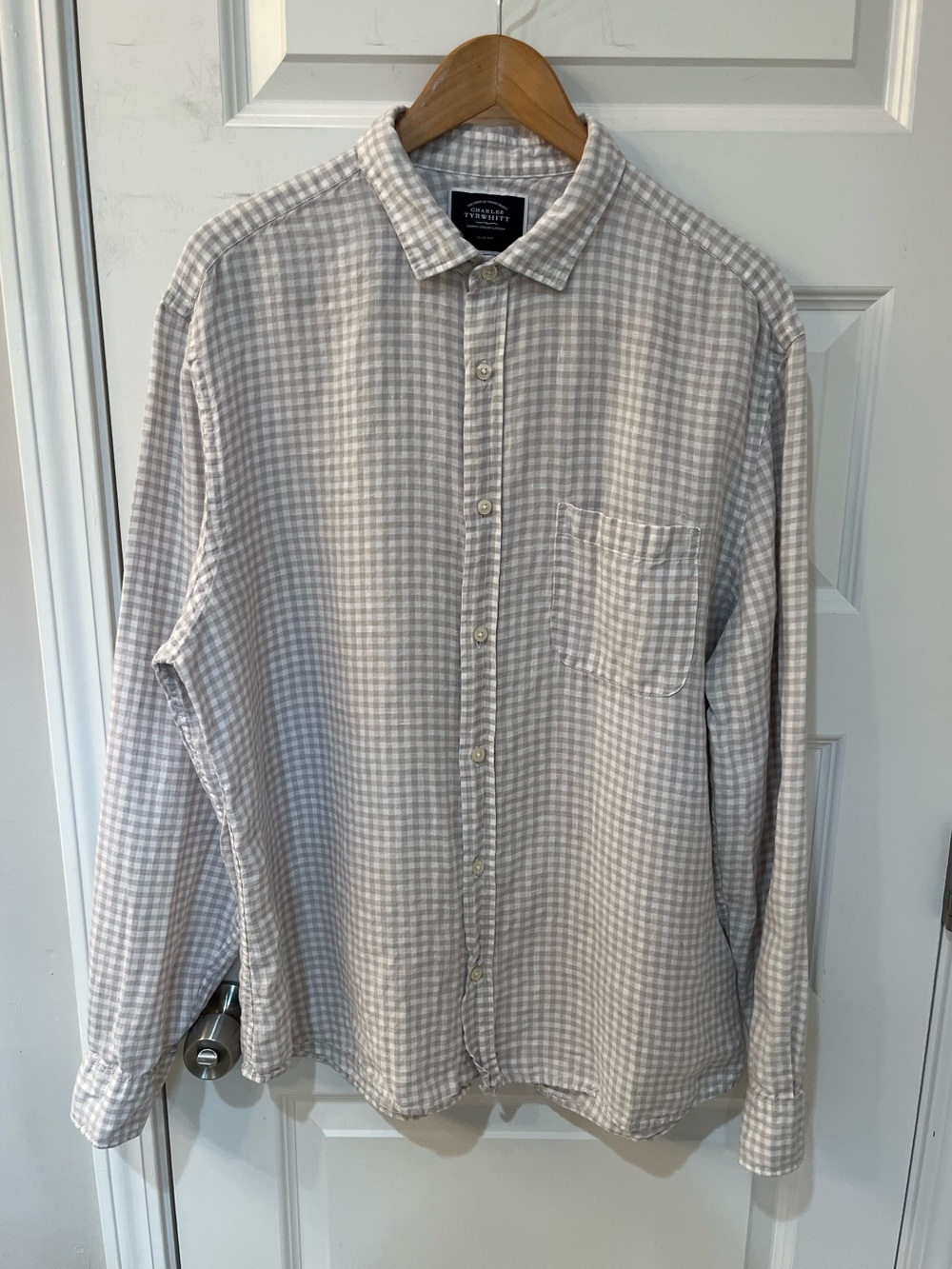 Charles Tyrwhitt Mens XL Shirt Slim Fit 100% Linen Grey Gingham Check LS Summer